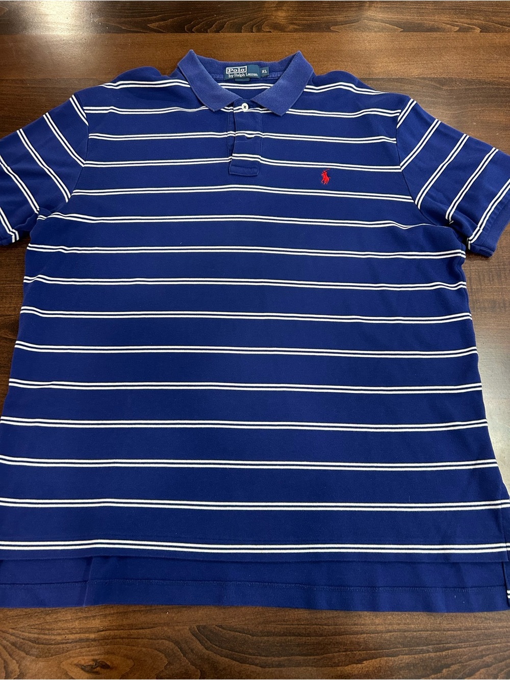 Ralph Lauren Navy Blue White Striped Polo with Red Logo